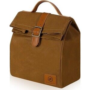 SHAWLEEVON Waxed Canvas Lunch Bag Canvas Strap Leather Carry Handle 13"H x 9"W